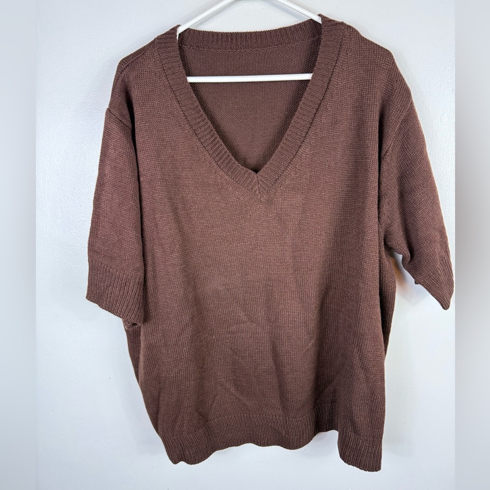 Boutique Womens Sweater V-Neck Brown Soft Short Sleeve 5X Fall Winter Casual